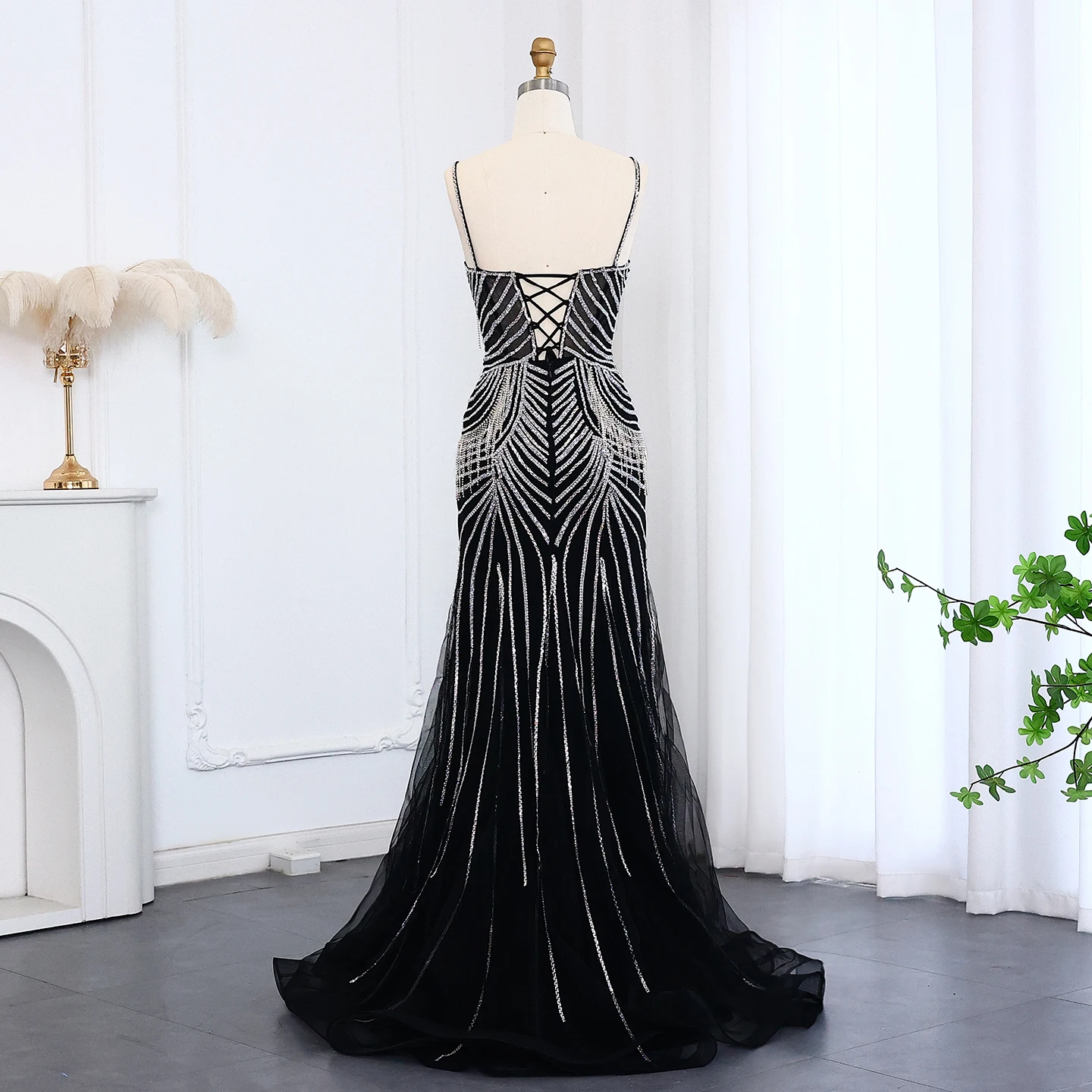 Sharon Said Luxuriöses Champagner-Abendkleid mit Spaghettiträgern, Perlenbesetztes Meerjungfrauenkleid, bodenlang, für formelle Anlässe und Partys, SS029, maßgeschneidert – Detail 15