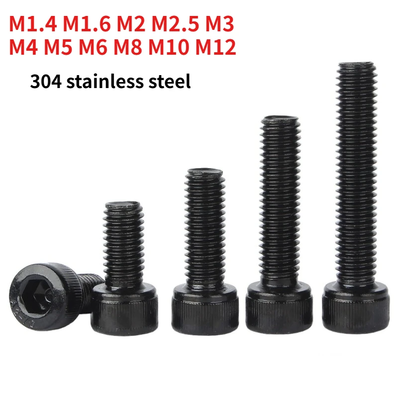 M1.4 M1.6 M2 M2.5 M3 M4 M5 M6 M8 M10 M12 DIN912 Black Hex Socket Cap Head Screw, 304 Stainless Steel A2-70, Allen Cup Head Bolt