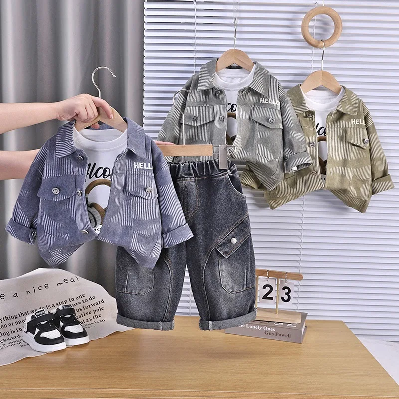 Boys' Suit 2026 Spring and Autumn New Children's Wear Korean Fashion Boy Baby Western T-shirt Tie-dye Jacket Jeans Three Sets