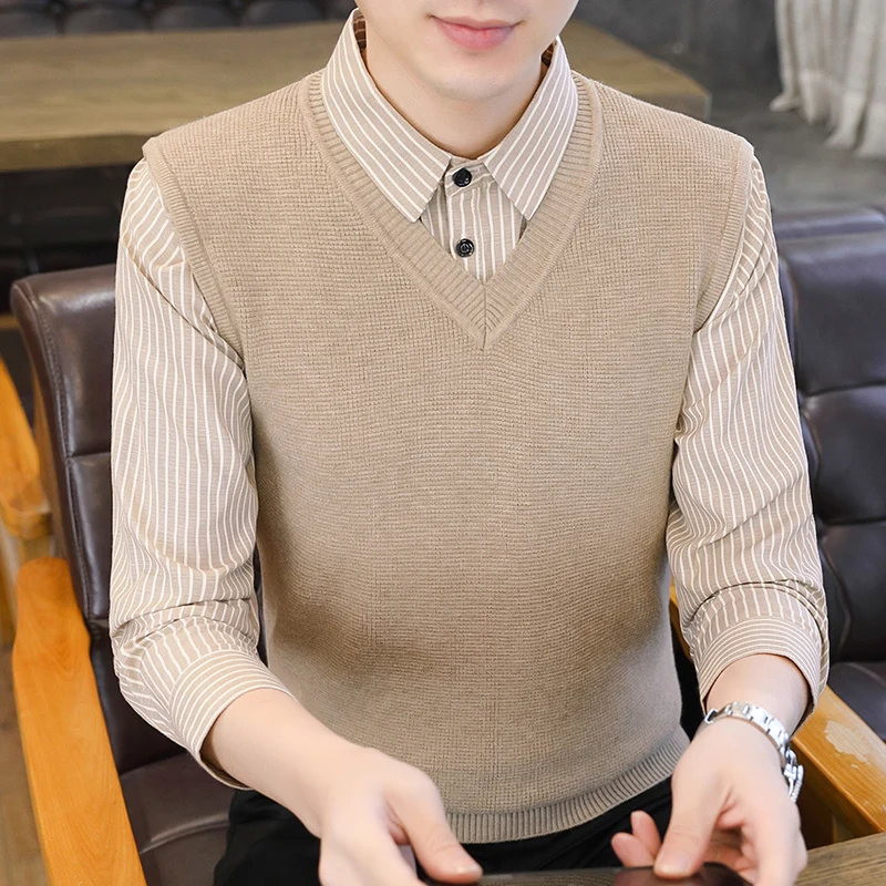 

Мужской вязаный свитер с воротником-стойкой, осенне-зимний, модный, приталенный, длинный рукав, повседневный, в полоску, комплект из двух предметов
