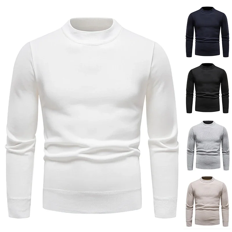 Fashion Male Warm Knit Sweater Mock Neck Fleece Lined Pullover Long Sleeve Classic Plain Design For Everyday Dressing