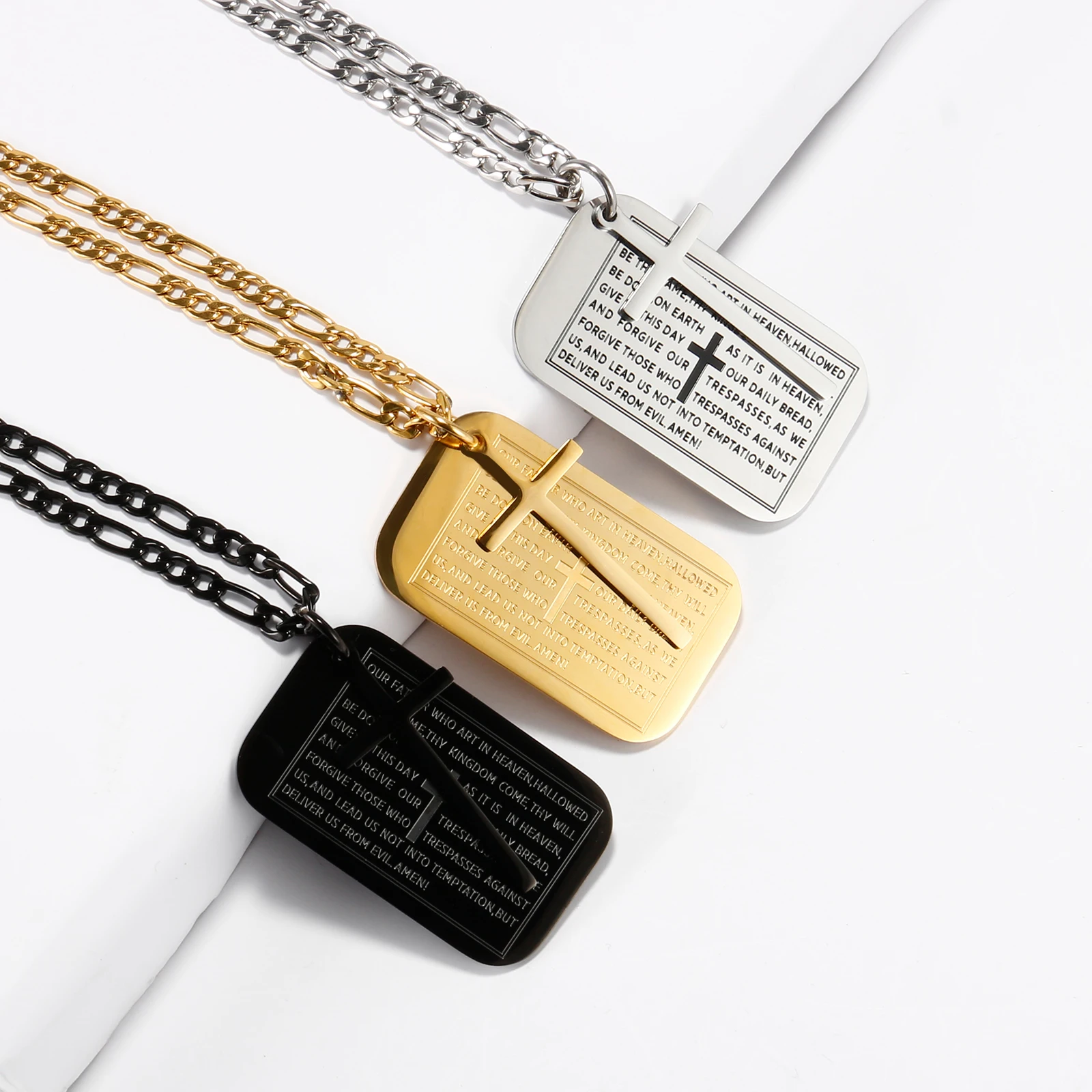 

Christian Jesus Cross Pendant Necklaces Black Gold Silver Color Stainless Steel 4.5mm Figaro Chain Bible Jewelry Dropshipping
