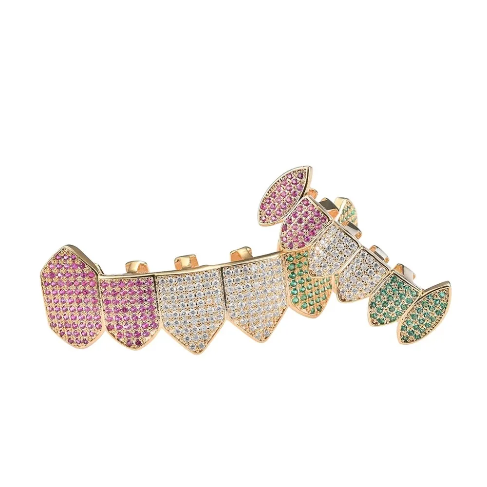 Juego de parrillas de circón cúbico multicolor para hombres y mujeres, piedras CZ, dientes, tapas Grillz, Iced Out, Micro pavé, encanto superior e inferior, joyería