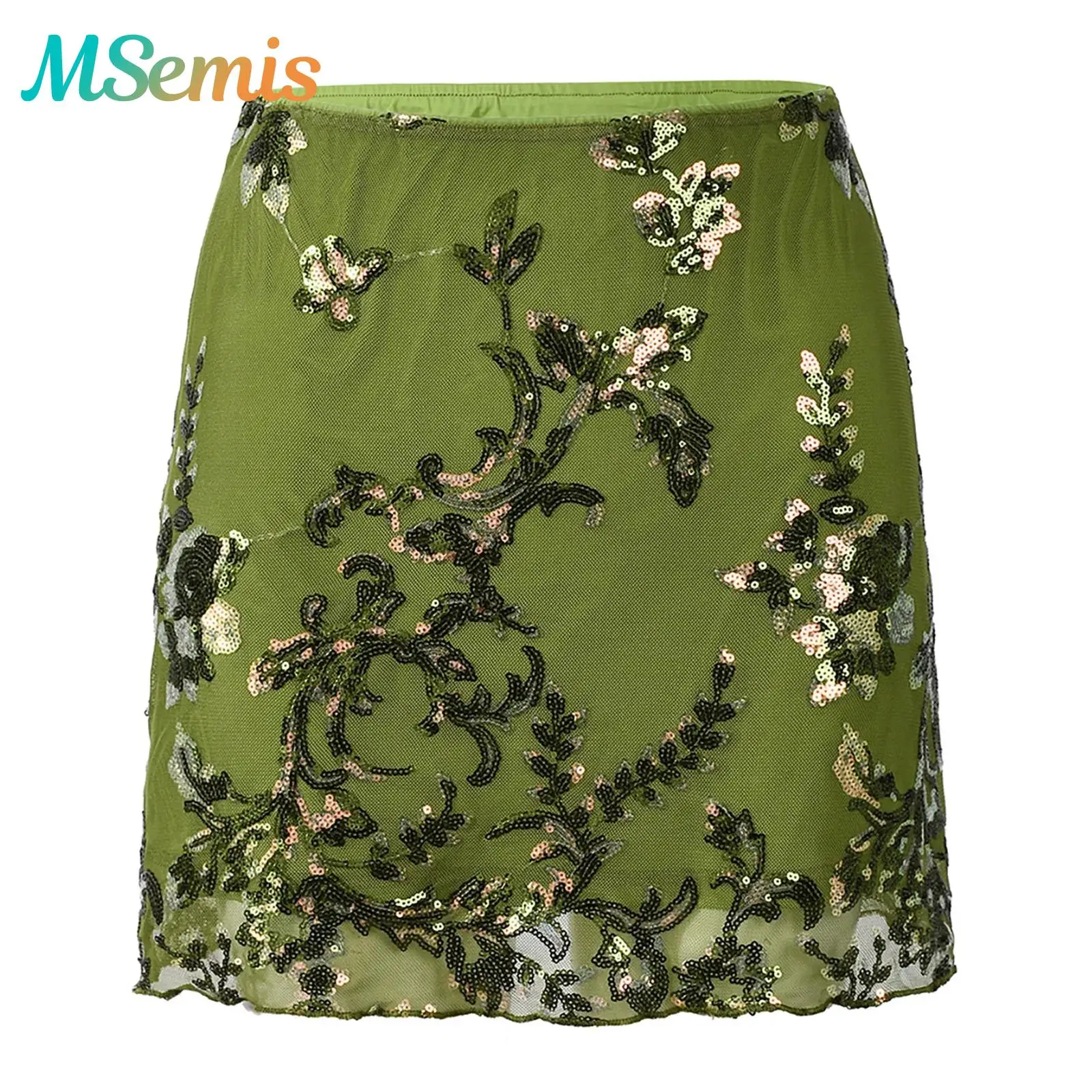 

Женская мини-юбка с блестящими пайетками и цветочной вышивкой, клубная одежда для рейв-вечеринок, прозрачная сетка с короткой юбкой на непрозрачной подкладке