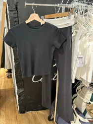 New Basic Black T-shirt Pants Sets Women O-neck Slim Tees+ Patchwork Yoga Sweatpants Solid Vintage Cotton Sport 2 Pieces Sets