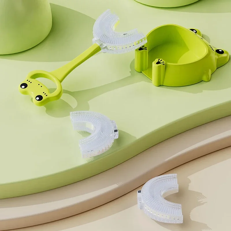 Cepillo de dientes en forma de U para niños, cepillo de dientes de entrenamiento de silicona para bebés, cepillo de limpieza para cuidado bucal de 360 grados, forma de Animal de dibujos animados bonitos