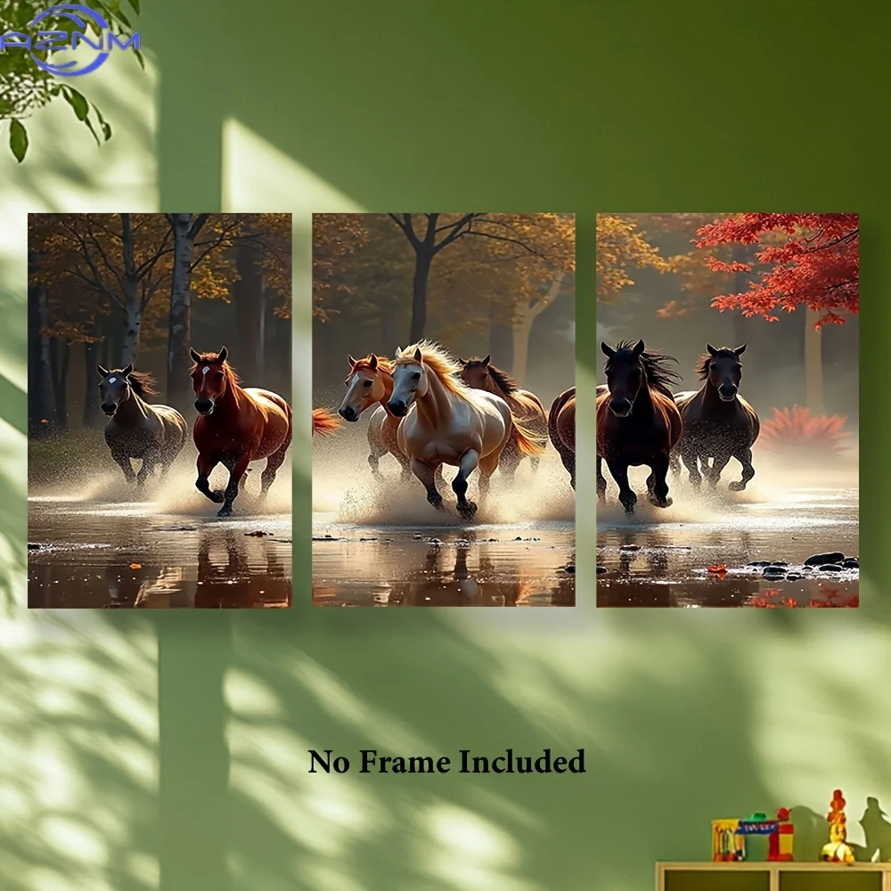3pcs Canvas Wall Art Set - Majestic Horses Crossing River Scene, Frameless Posters for Home, Office, Bar, Classroom Decor - Idea