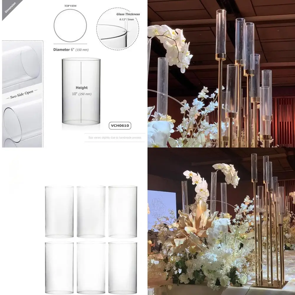 

Набор из 6 широких стеклянных подсвечников-цилиндров, 10-дюймовые, с открытыми колпаками-дымоходами