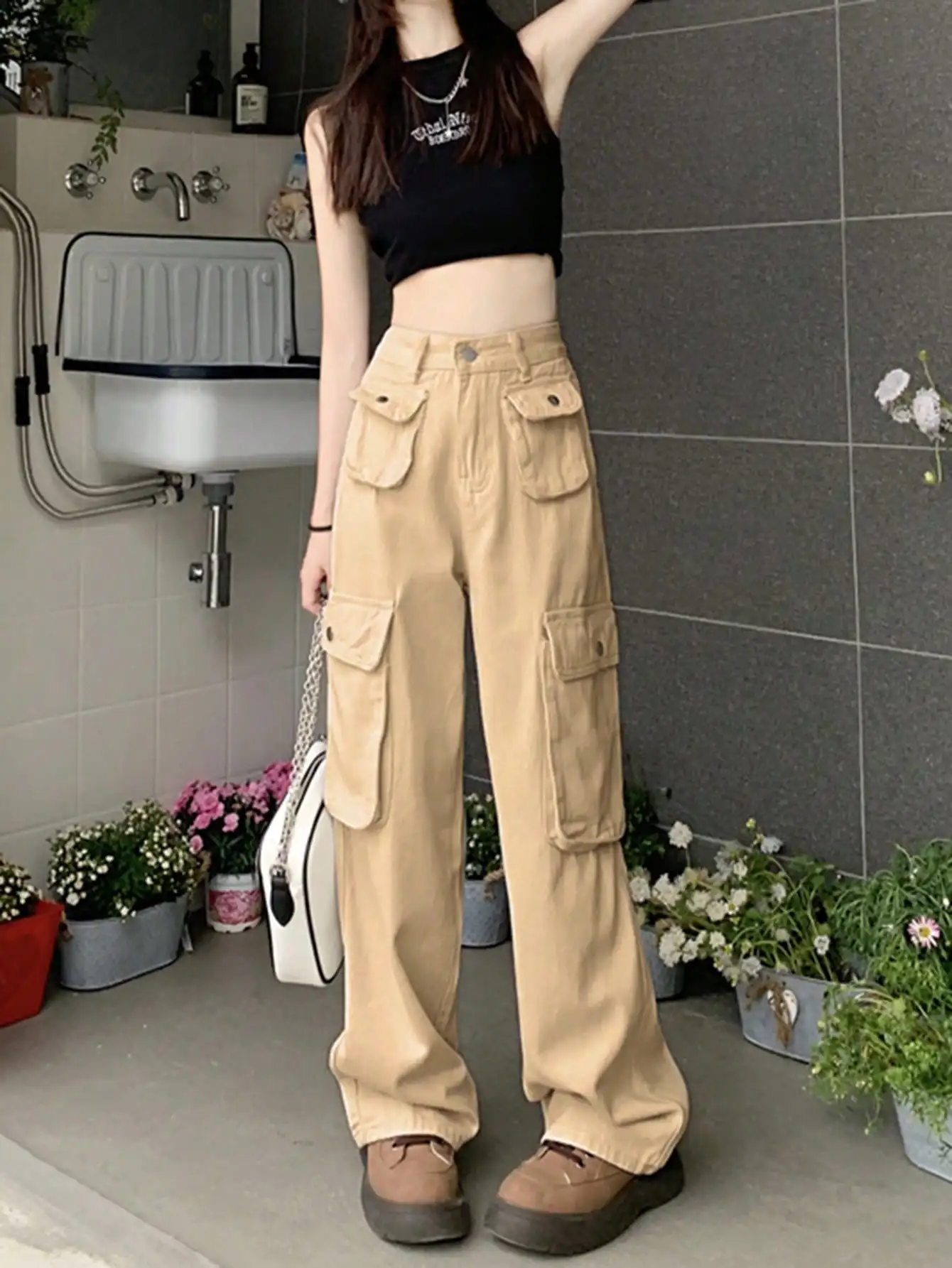 American Retro Multi-Flap Pocket Pants Work Jeans 2024 New Women's Autum Slim Narrow Straight Pants for Small People