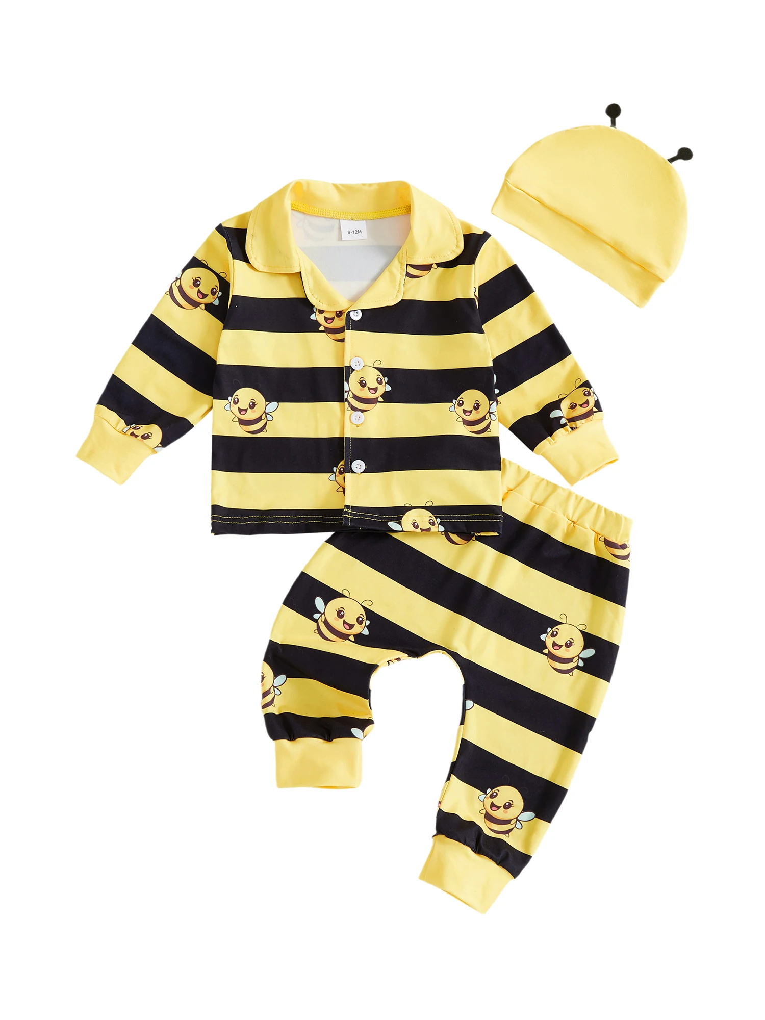 

Комплект из трех предметов для маленьких мальчиков, рубашка на пуговицах с длинными рукавами, полосатые штаны и подходящая шляпа с принтом пчелы и резинкой