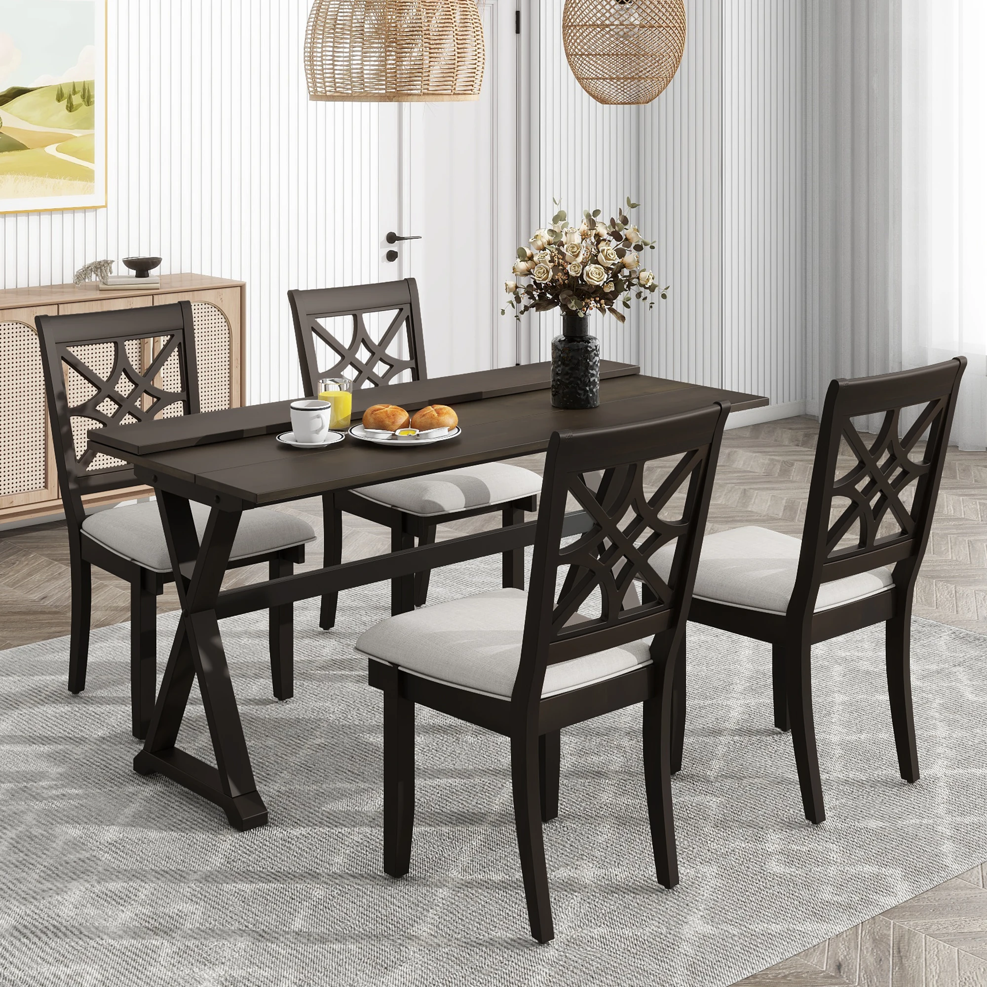 TOPMAX 5-Piece 62*35.2inch Extendable Rubber Wood Dining Table Set with X-shape Legs