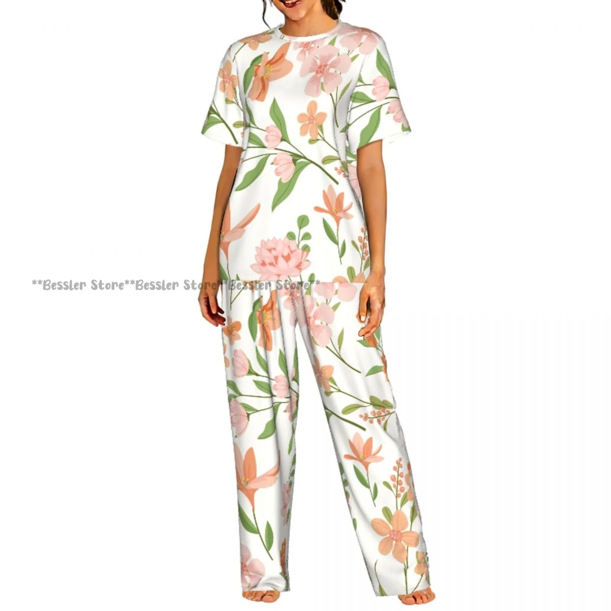 

Women's Floral Peach Tones short sleeve trousers casual pajamas set