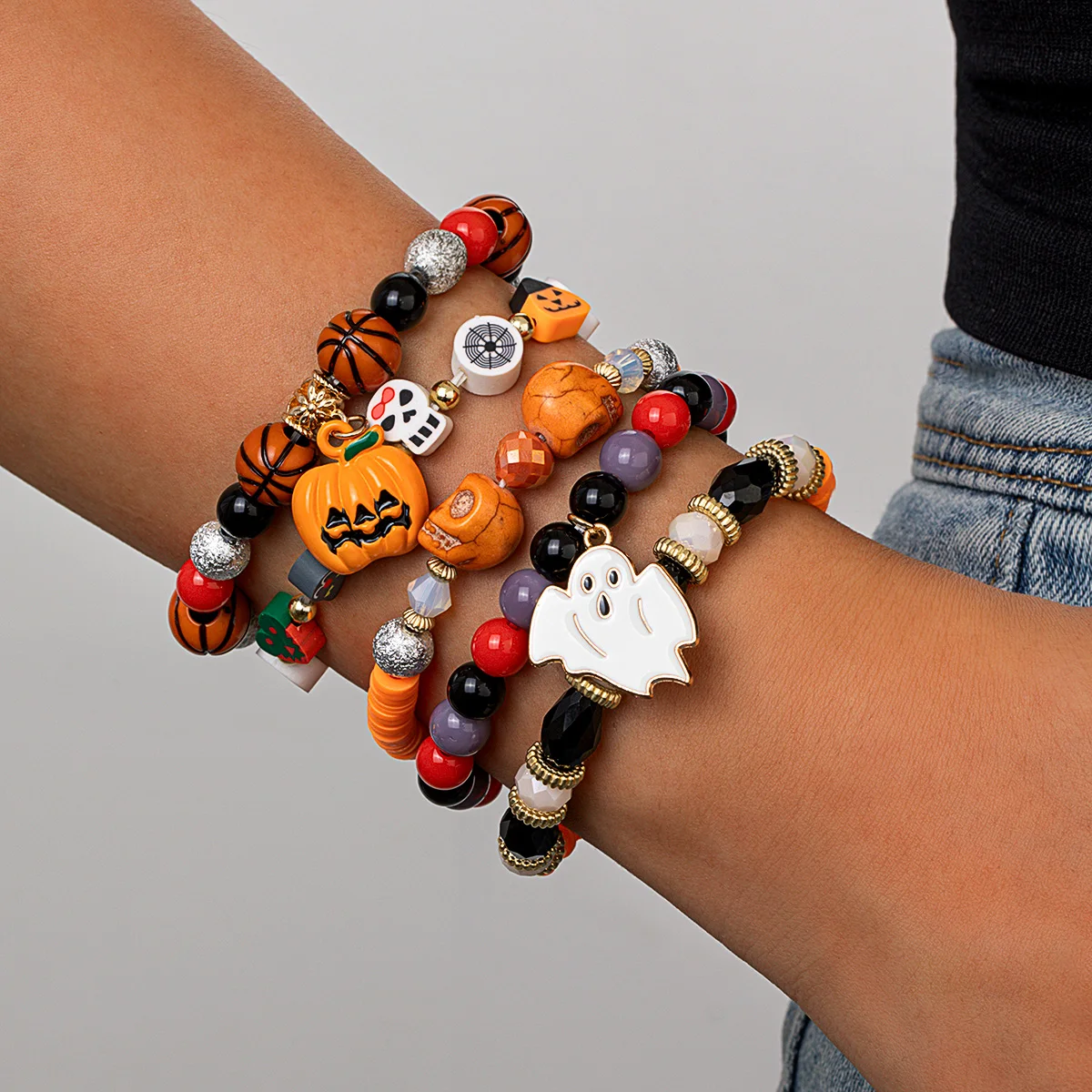 5 Halloween bead bracelets, multiple sets, drip oil little devil pumpkin pendant, soft ceramic bracelet