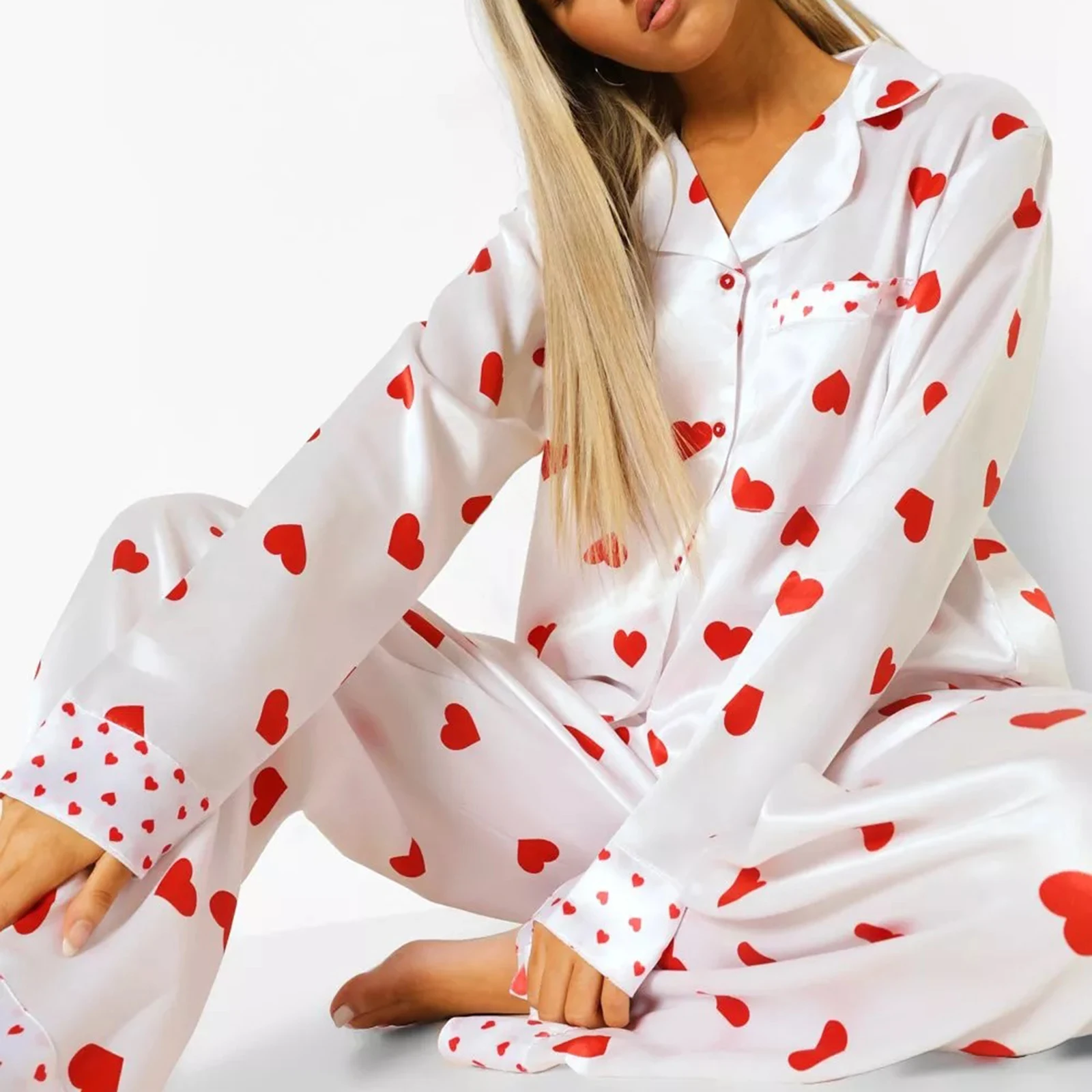 HEZIOWYUN Womens Valentine's Day 2Piece Satin Loungewear Pajamas Set Long Sleeve Button Heart Print Dotted Tops+Pants Sleepwear