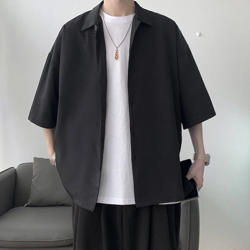 Half Sleeve Shirts Men Clothing All-match Ulzzang Fashion Students Handsome Summer Thin Casual Simply Baggy Hemden Pure Color