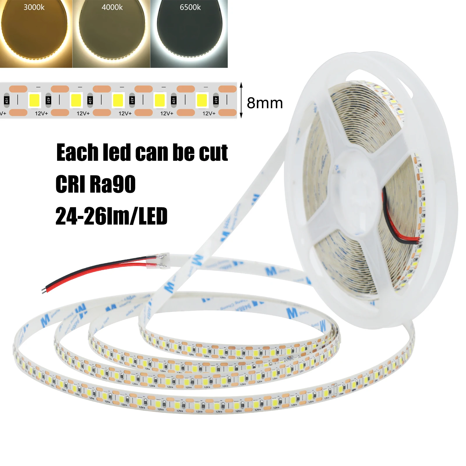 12V LED Strip SMD 2835 5M 10M 1LED Cut LED Strip Tape Light 120LED/M 3000K 4000K 6000K Flexible Strip Ribbon Home Decor Light