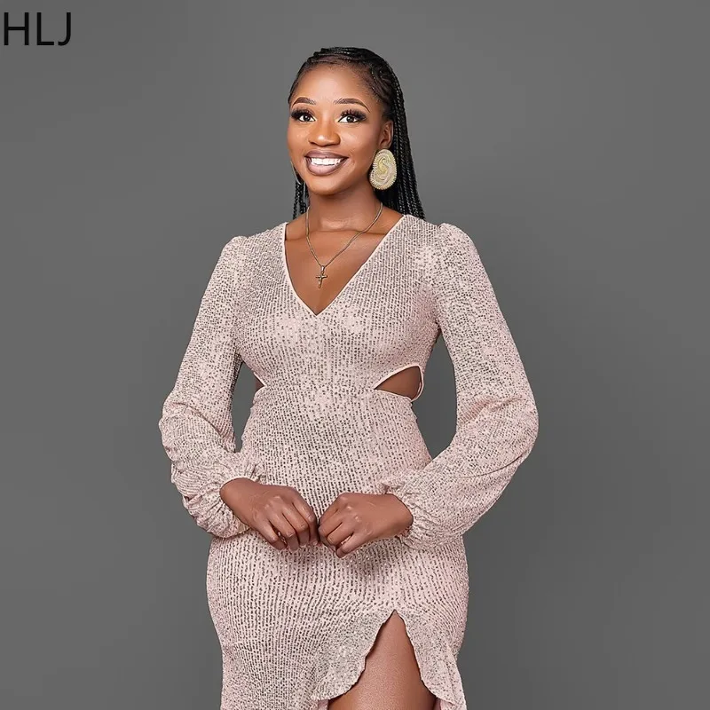 HLJ أنيقة الترتر كشكش المرقعة Bodycon فستان طويل المرأة مشرقة كم طويل العميق الخامس الرقبة فساتين الإناث كلوبوير Vestidos