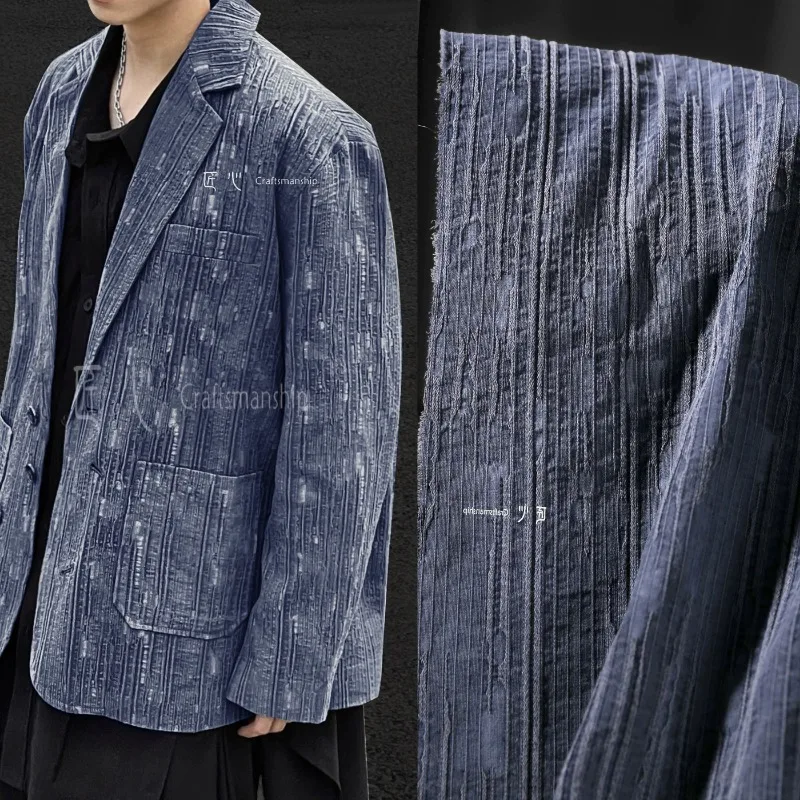 Dark Blue Scar Jacquard 80% Cotton 20% Linen Washed Natural Trench Coat Texture Clothing Designer Fabric