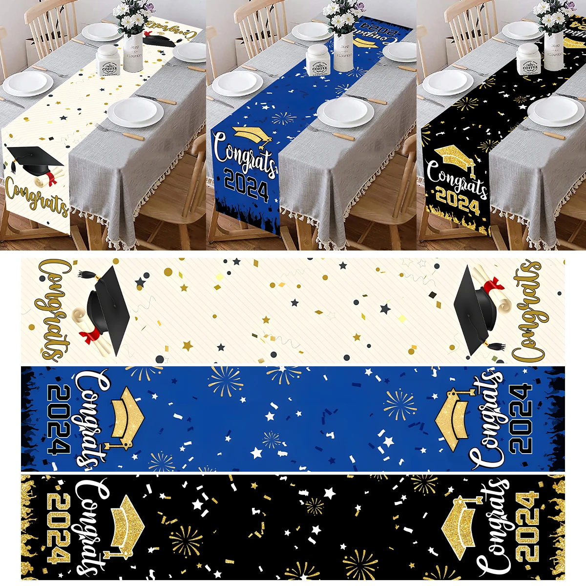 Happy Graduation Table Runner 2024 Congrats Grad Table Cloth Banner Celebration Graduation Class of 2024 Classmates Party Decors