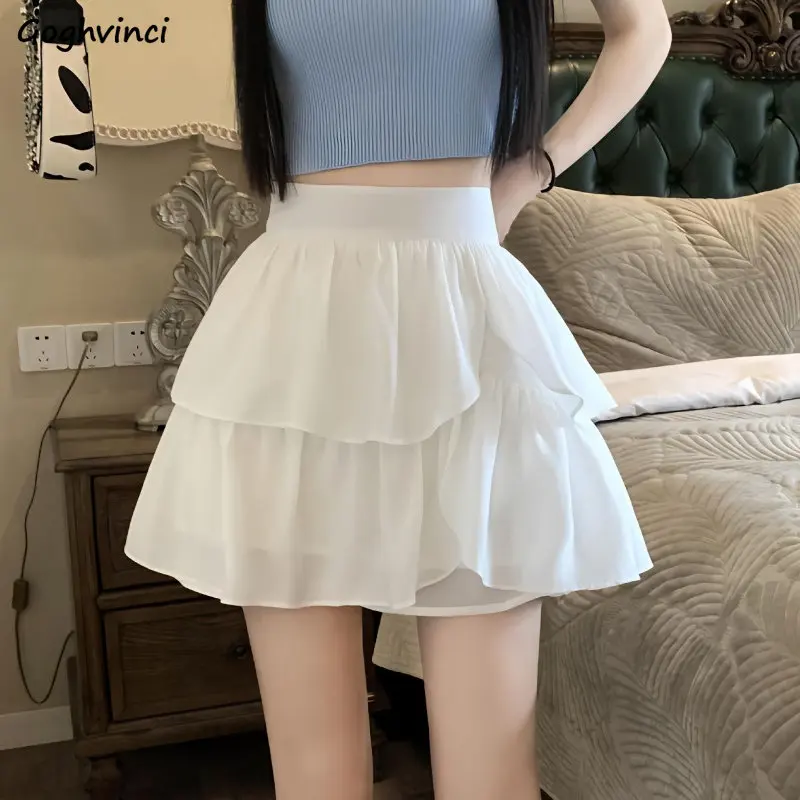 

Mini Skirts Women Simple Ruffles Summer New Korean Style High Waist All-match Schoolgirls Sweet Graceful Pure Color Casual Ins