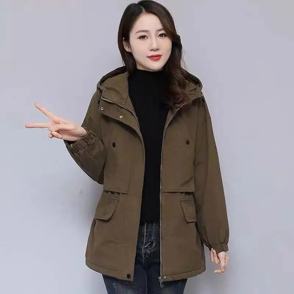 2025 New Women Windbreaker Pike Outcoat Women\'s Fleece Jacket Loose Hooded Winter Warm Parkas Overcoat Zipper Female Basic Coat