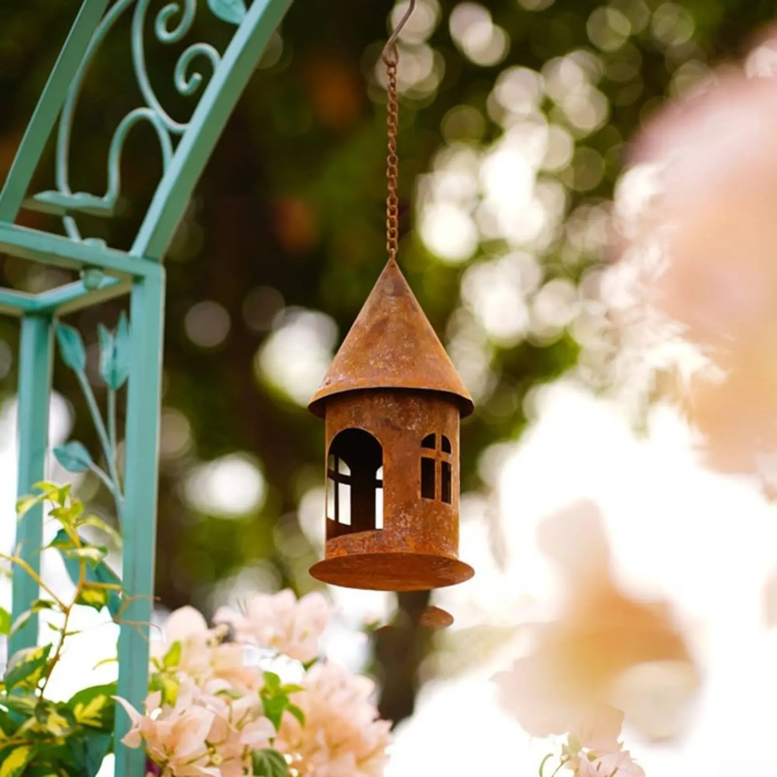 Weathered Metal House Lantern Hanging Castle Candle Holder for Patio, Balcony view 4