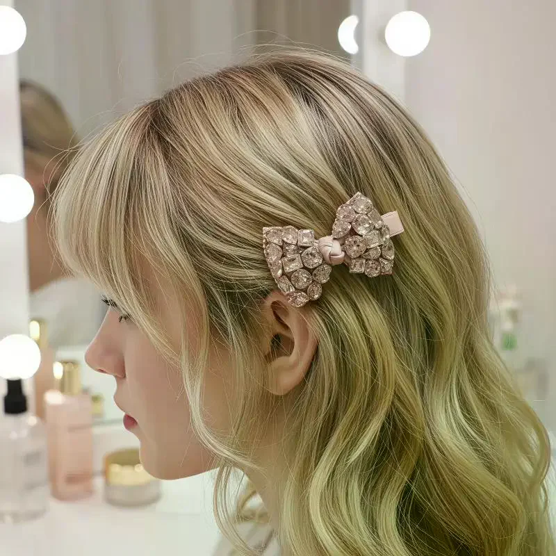 1 PCS Sparkly Pink Rhinestone Bow Hair Clips Shiny Crystal Anti Slip Base For Weddings Parties Daily Hair Styling