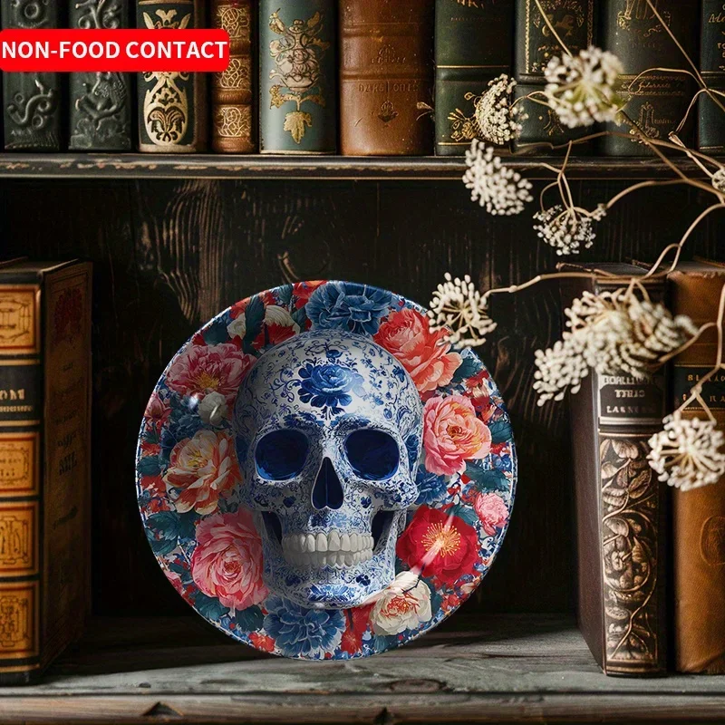 1pcBlue and White Floral Skull Ceramic Decorative Plate, Artistic Home Decor, Non-Food Contact, Tabletop DisplaySuitable for