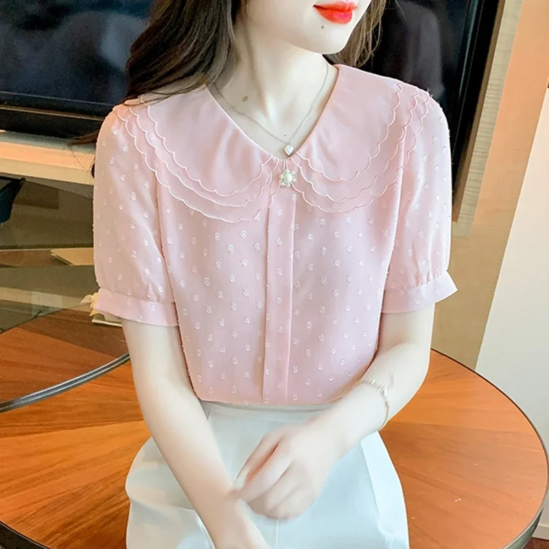 Summer Chiffon Blouses Women 2024 Elegant Korean Fashion Puff Sleeve Blusas Mujer Slim Sexy Ladies French Vintage Pink Tops y2k