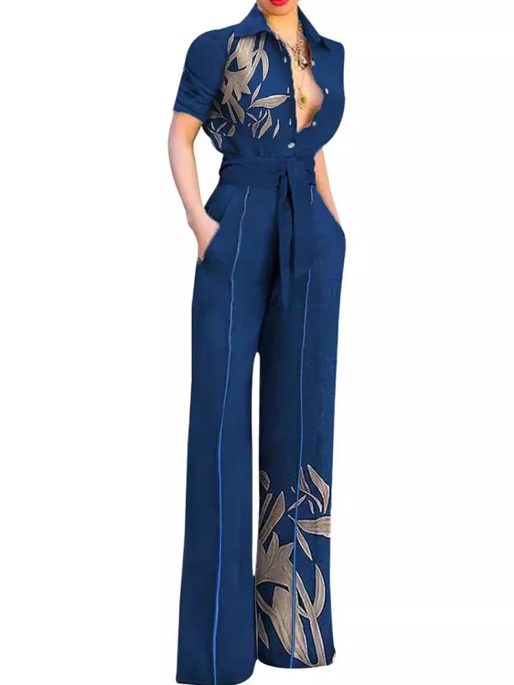 ฤดูใบไม้ผลิฤดูร้อนผู้หญิงแขนสั้นขากว้างJumpsuitผู้หญิงRompersผู้หญิงแฟชั่นพิมพ์สบายๆเก๋เอวสูงJumpsuit