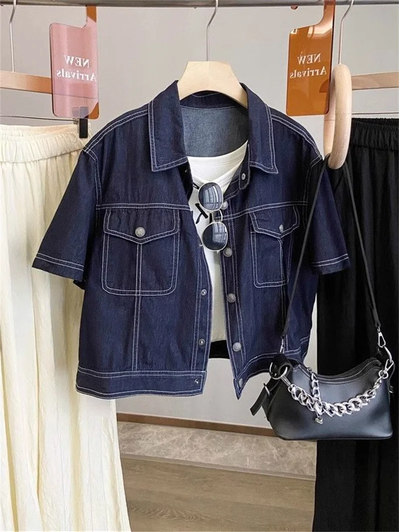 2025 Summer Women's Slim Fit Short Sleeves Collar Denim Jacket Thin Outerwear Casual Single Button Denim Shirt