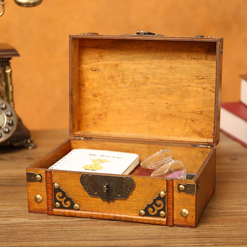 Vintage Storage Box Wooden Cosmetics Storage Box Desktop Finishing Wooden Jewelry Box with Lock Wooden Box Storage Box