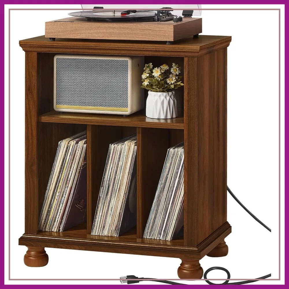 

24" Record Player Stand with Storage, Holds 200 Albums, Mid-Century Turntable Table, Brown Wood