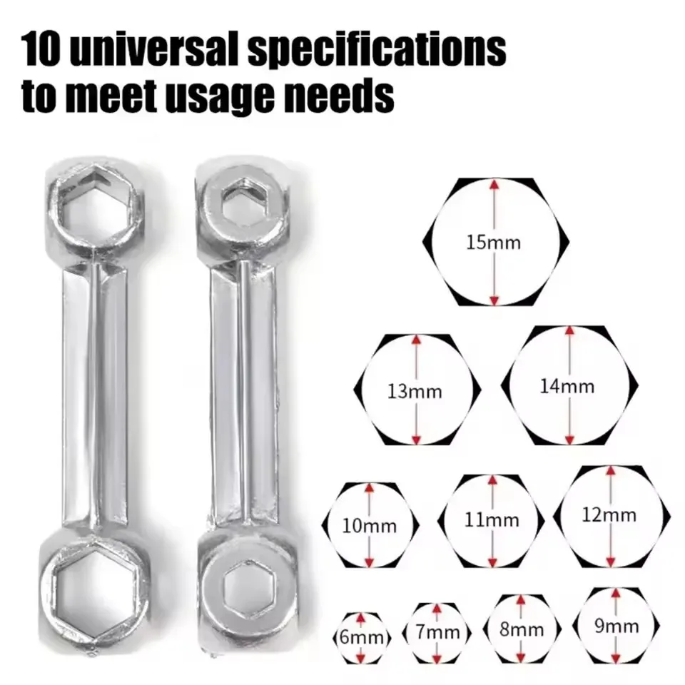 Mini Portable 10-in-1 Hexagonal Metal Bone Wrench Tool High-Quality Multi-Purpose Wrench for 6-15 mm Inner Hole Bicycle Repair