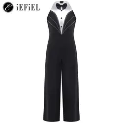 Girls Modern Jazz Latin Costume Halter Bowkot Patchwork One Piece Overall Jumpsuits School Ballroom Stage Performance Bodysuits