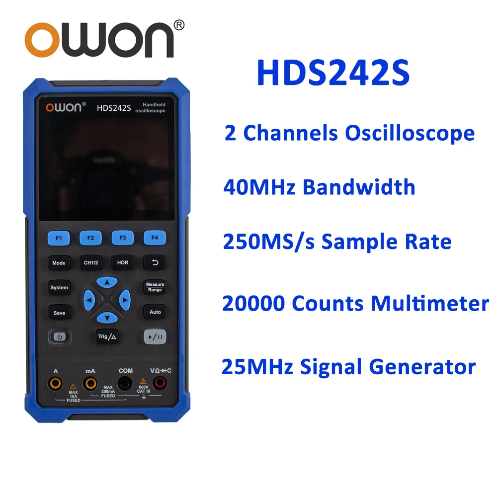 OWON HDS242S 40MHz HDS272S 70MHz Handheld Digital Oscilloscope+Multimeter+Waveform Generator 250MSa/s True RMS 2CH Oscilloscopes