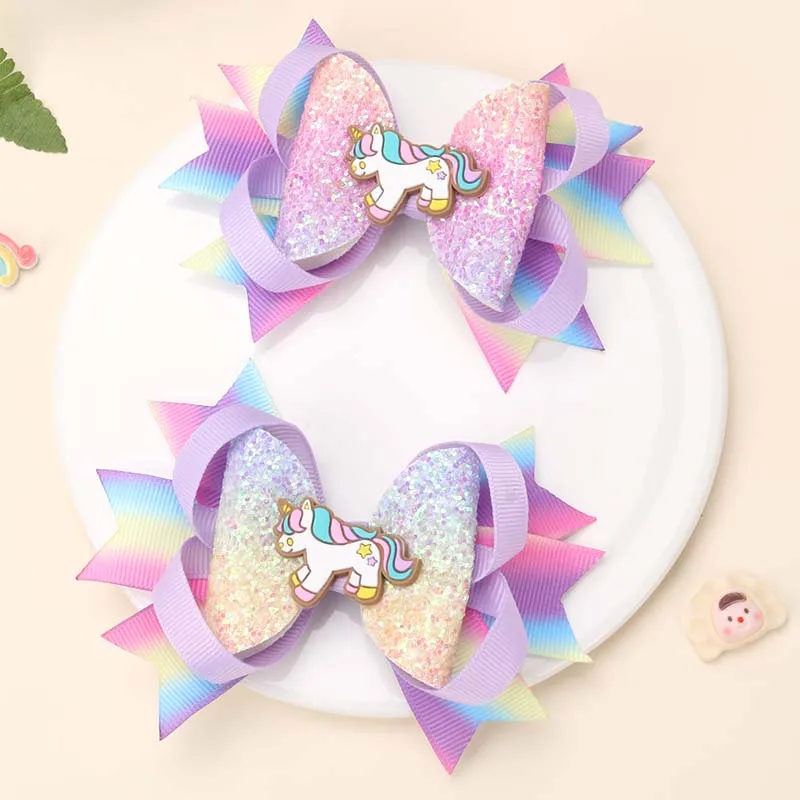 ncmama 2Pcs Unicorn Dovetail Clip Cute Glitter Hair Bow Clips for Kids Girls Gradient Ribbon Hairpin Headwear Hair Accessories