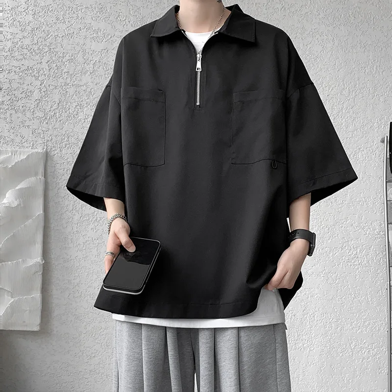 2026 Summer New Men's Half Zipper Polo T-shirt Korean Double Pocket Short Sleeve Oversized Loose T-shirt Casual Streetwear