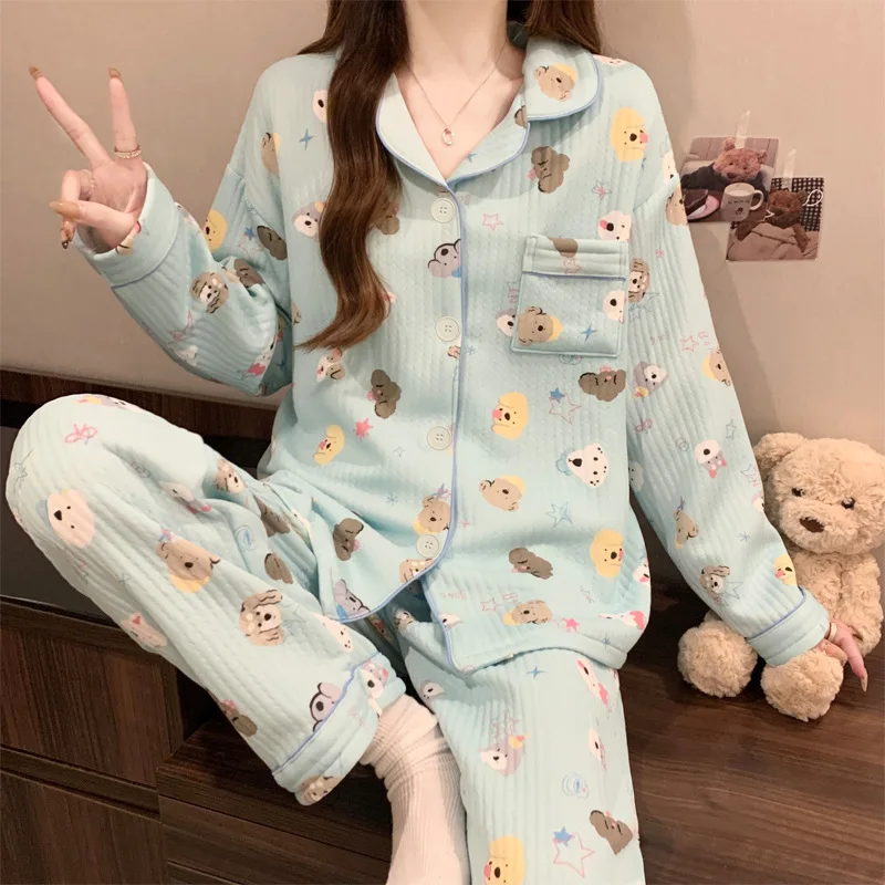 Women Cartoon Puppy Print Pajamas Set Autumn Soft Shirt&pants 2Pcs Sleepwear Homewear Long Sleevesl Apel Loungewear Nightwear