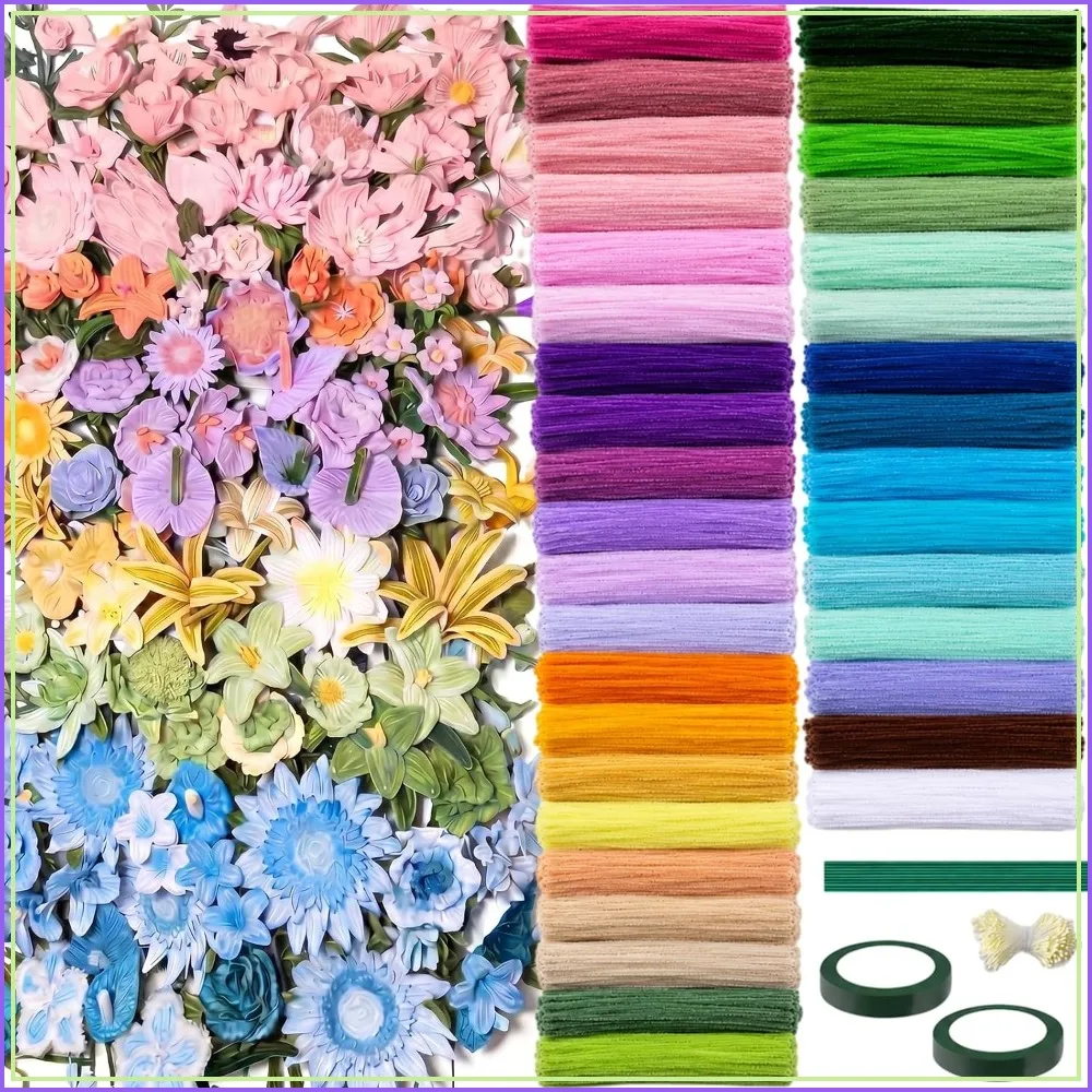 3600 Pcs 12 Inch Craft Pipe Cleaners Fluffy Chenille Stems Bulk with 50 Flower Stems, 4 Tape, 350 Stamens for DIY Art Projects, Gift Wrapping, Party Decorations