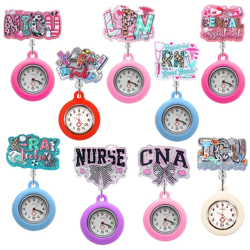 Shiny Plastic Pvc Badge Holder Hospital Medical Fob Pocket Watches Clip Hang Clock Retractable Pocket Watch With Badge Reel