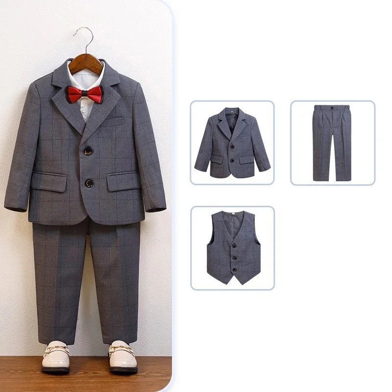 Low Price Clearance Stock Sale Boys 3Pieces Jacket Vest Pants Photography Suit Kids Piano Wedding Dress Children Host Costume