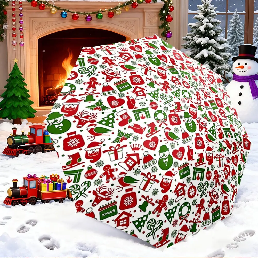 

Portable Folding Umbrella | Festive Santa, Snowman, and Reindeer Patterns in Red, Green, and White | Fits Travel, Backpack, Ho