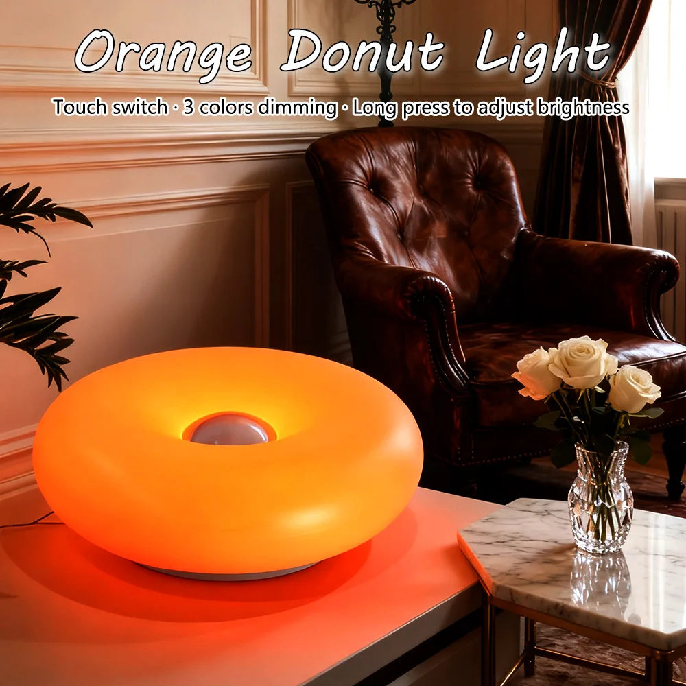 

Orange Donut Table Lamp Rechargeable Bedroom Bedside Lamp 3 Colors Dimming Ambient Light Living Room Bedroom Creative Decoration