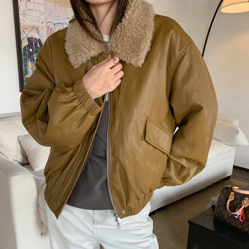 

Женская парка из кожи и хлопка с воротником из овечьего меха в стиле ретро, свободного кроя, на молнии, для повседневной носки
