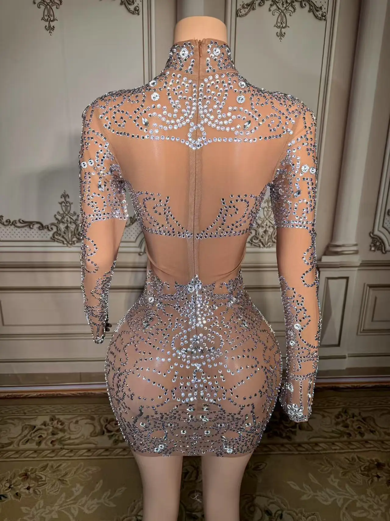 ZD سباركلي حجر الراين فستان قصير مثير شبكة غمد مساء حفلة ملهى ليلي أداء زي لشريط المطربين الراقصات المرحلة ارتداء