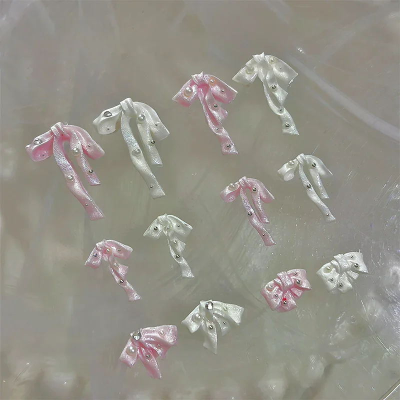 10 個のちょう結びネイルアートデコレーション 3D サテンパールネイルチャームカラフルなリボン弓ラインストーン DIY マニキュアツールパーツ