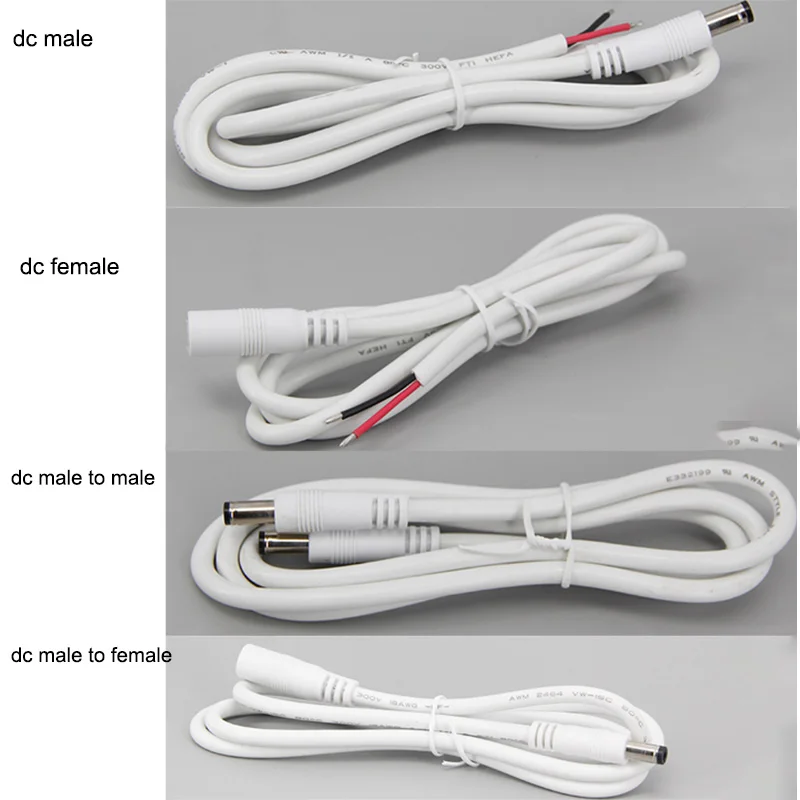 

white 1m 2pin wire DC Male Female to male female Power Supply Connector 5v 12v 24v extension Cable 5.5x2.1mm 18awg 7A For Strip