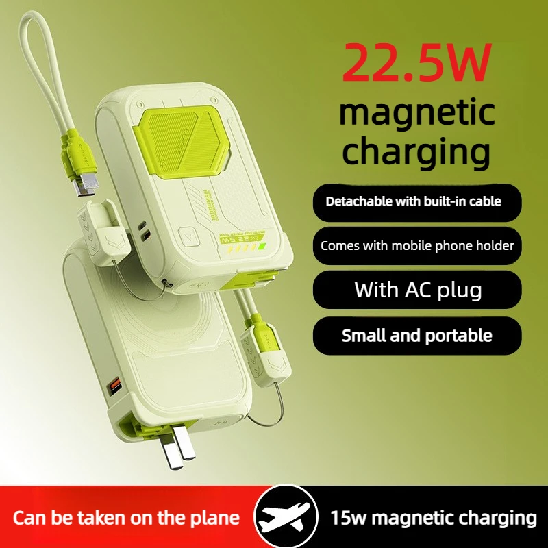 

10Ah 20Ah Fast Charging PD 22.5W Magnetic Wireless Power Bank USB Type-C Detachable Data Cable Phone Holder Emergency PowerBank