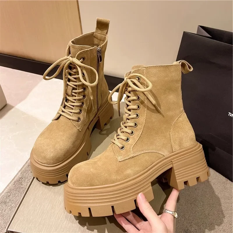 Retro Laces Ankle Boots Women Fashion Leather Suede Platform Boots Side Zipper Design Short Boots British Style Ladies Snow Boot